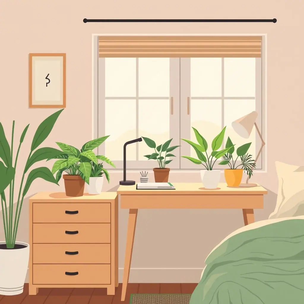 Small potted ferns displayed on a desk and nightstand in soft natural light
