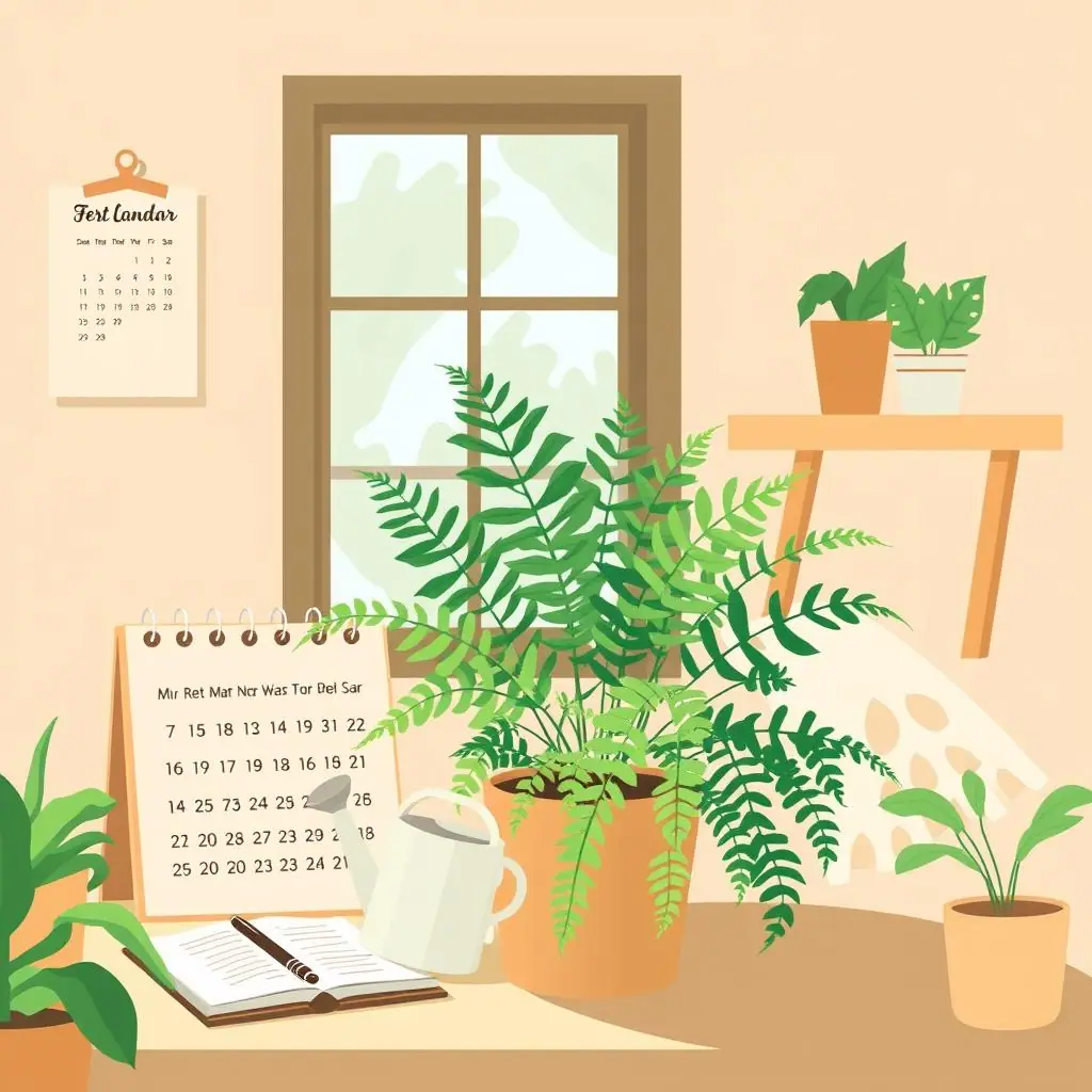 A cozy fern care setup with a potted fern, watering can, and simple calendar reminder
