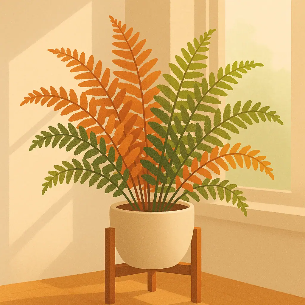 An autumn fern in a pot with copper and green fronds in soft indoor light
