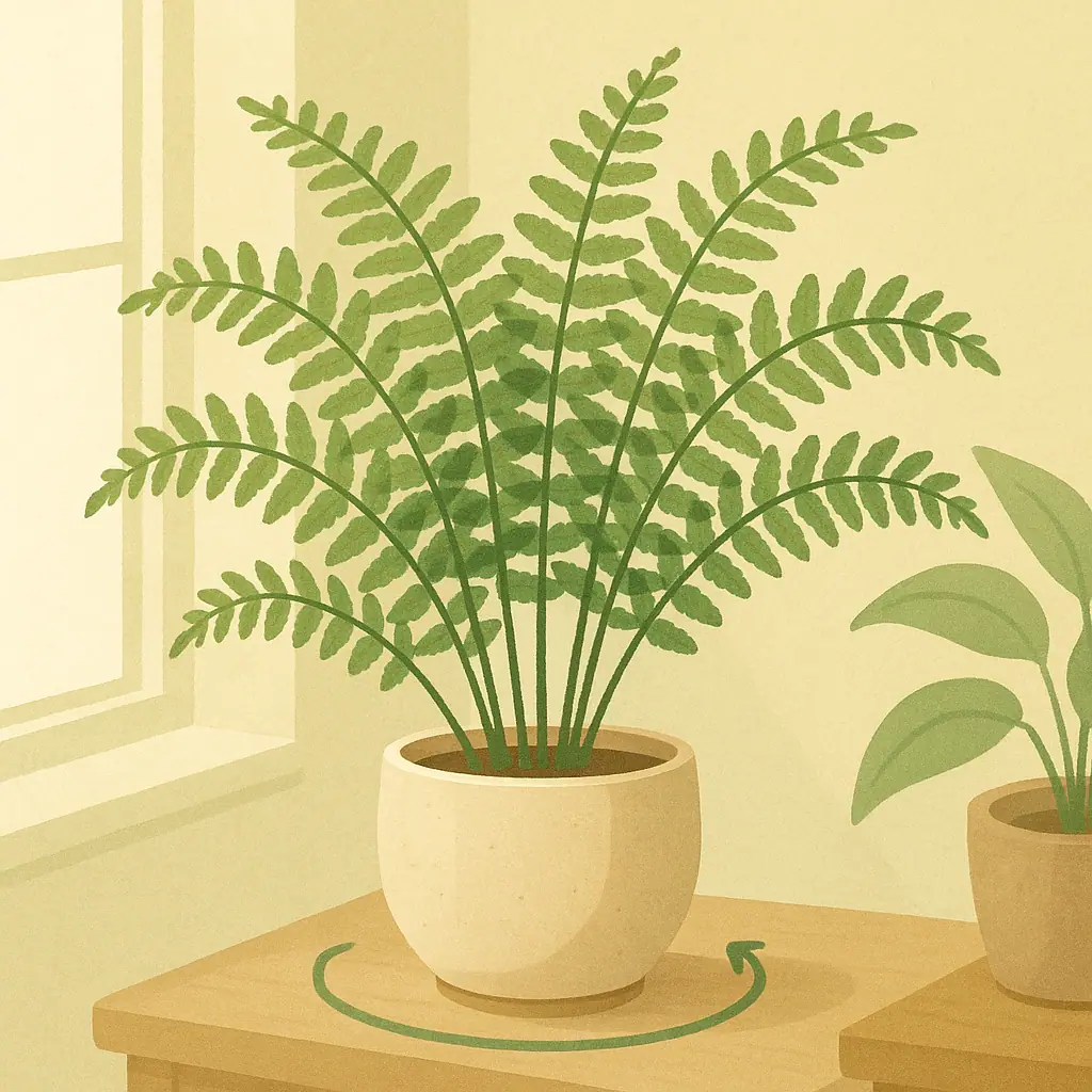 Indoor fern in a pot near a window being gently rotated for even growth