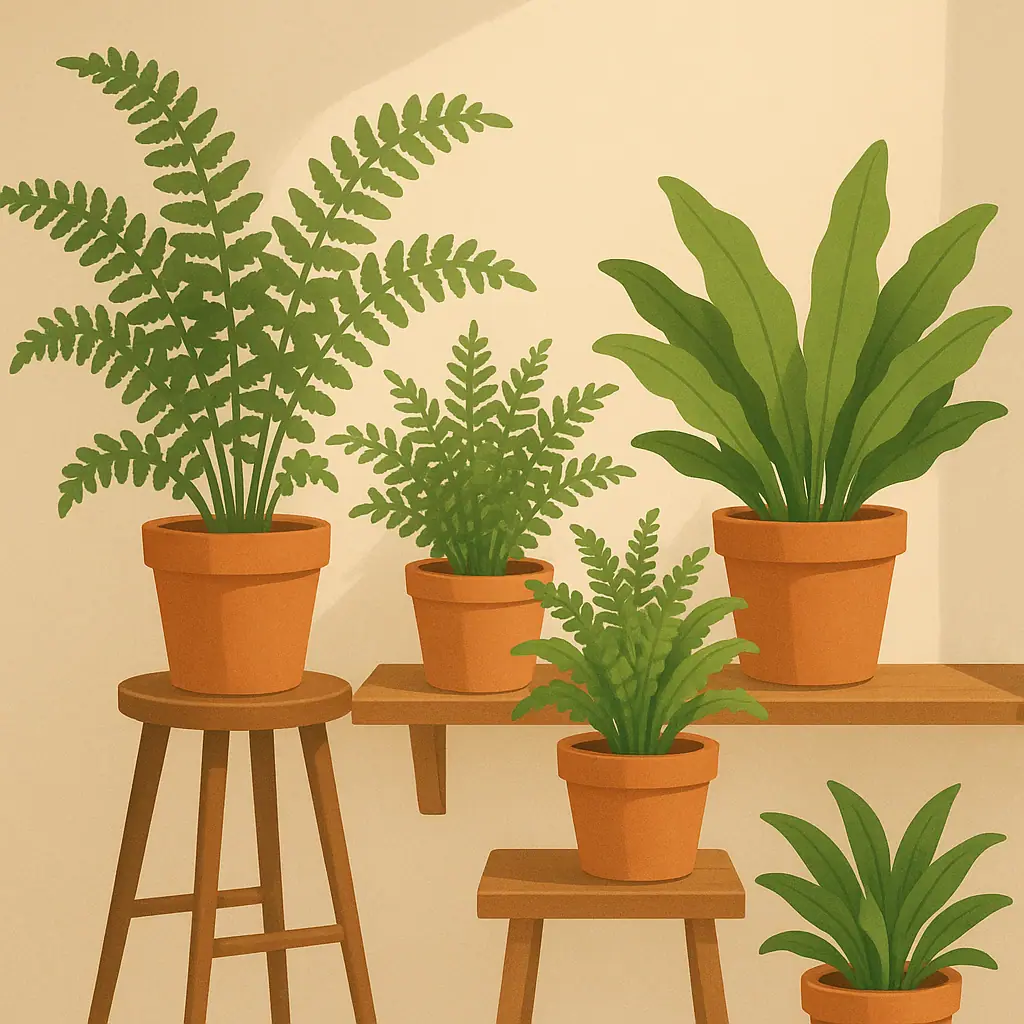 Indoor ferns arranged in terracotta pots in a calm home plant corner