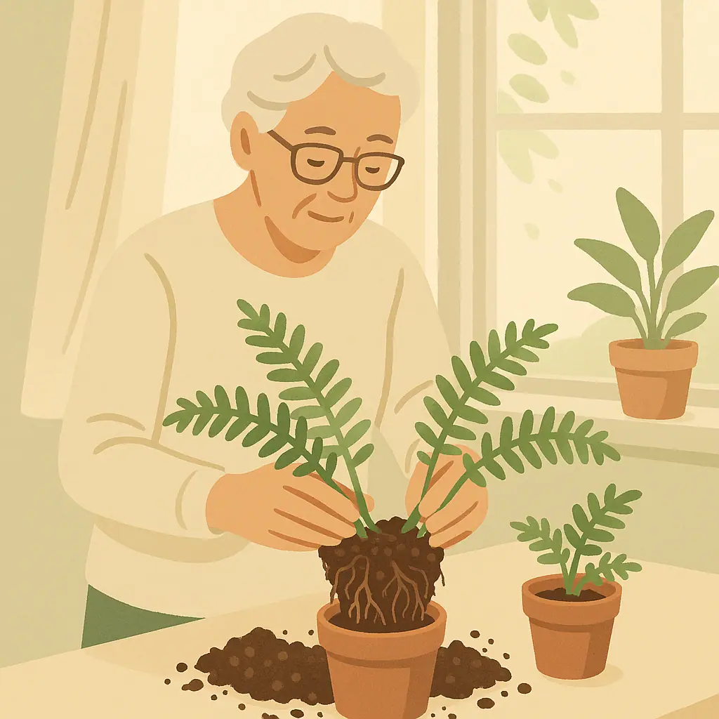 Indoor fern being gently divided into two pots on a tidy table