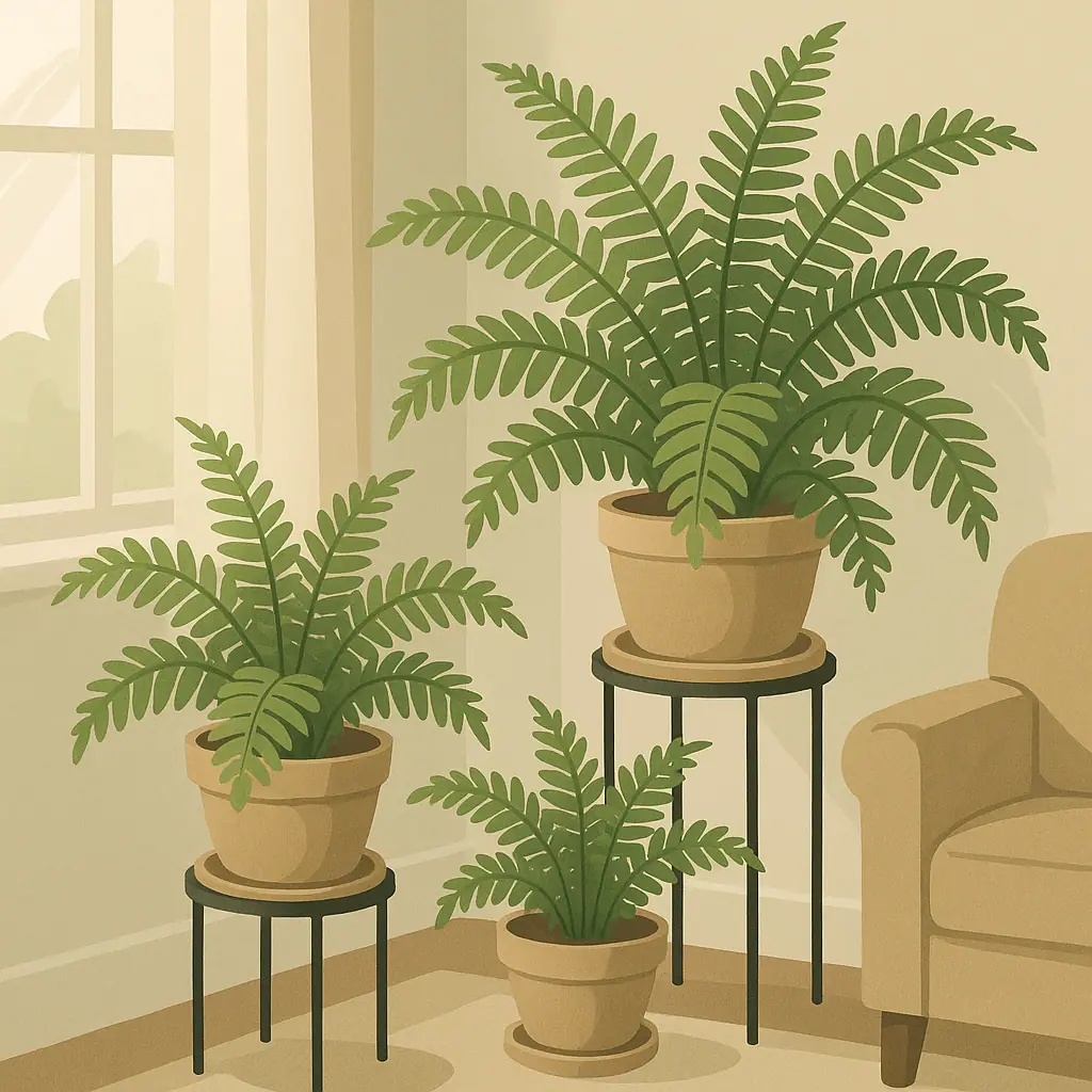 Indoor ferns arranged on sturdy plant stands in a cozy room corner