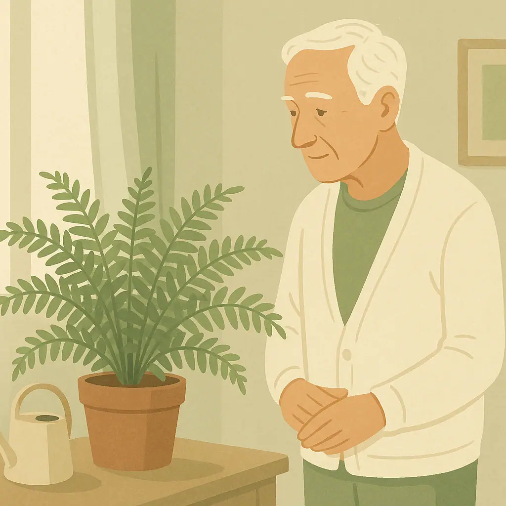 Indoor gardener calmly observing a healthy fern before changing care