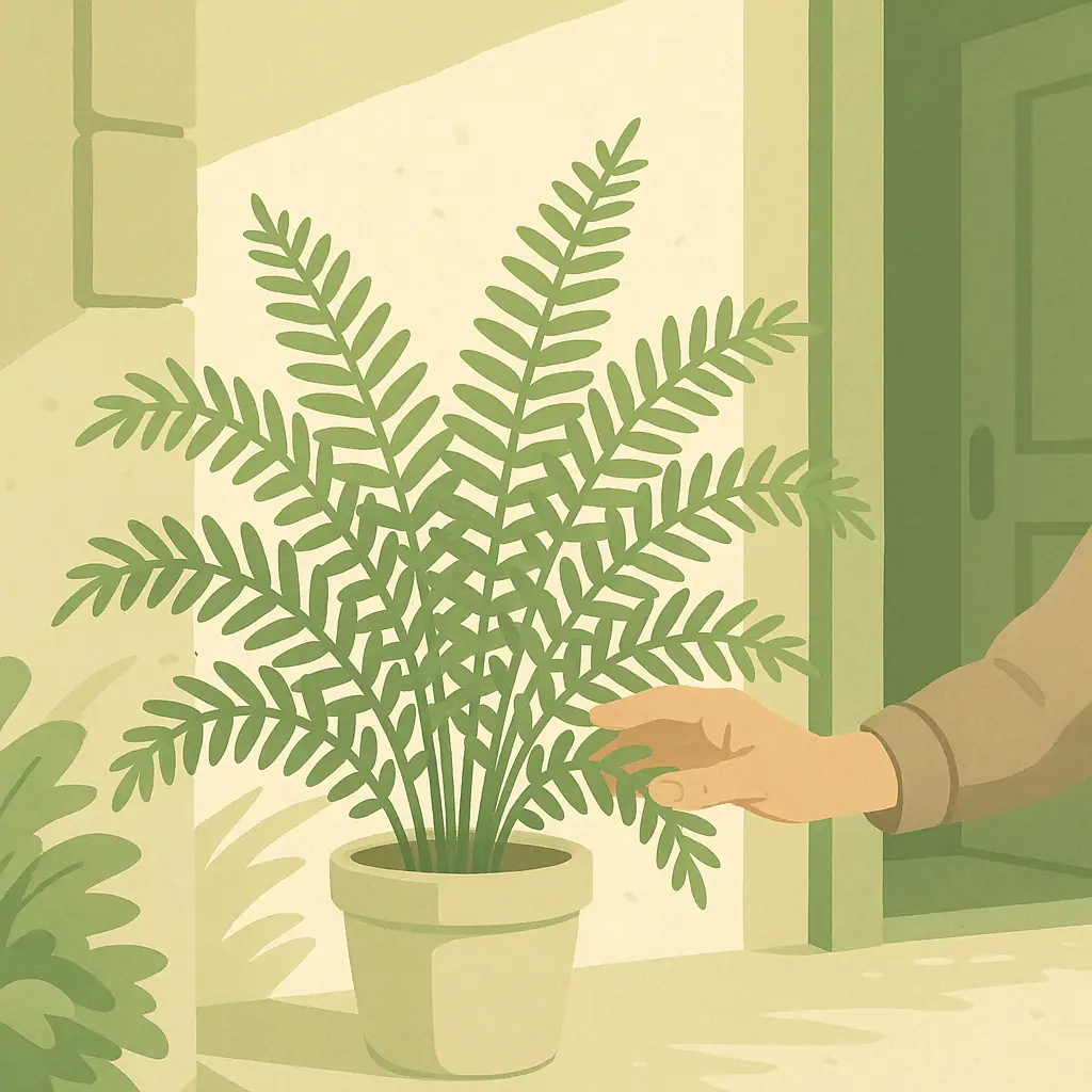 Indoor fern resting in shade on a protected porch before returning indoors