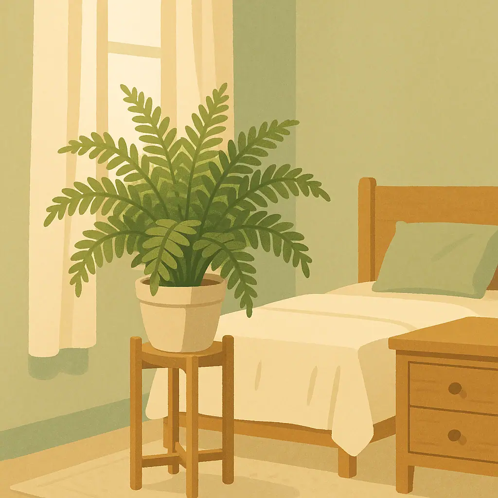 Healthy fern in a calm bedroom corner with soft indirect light