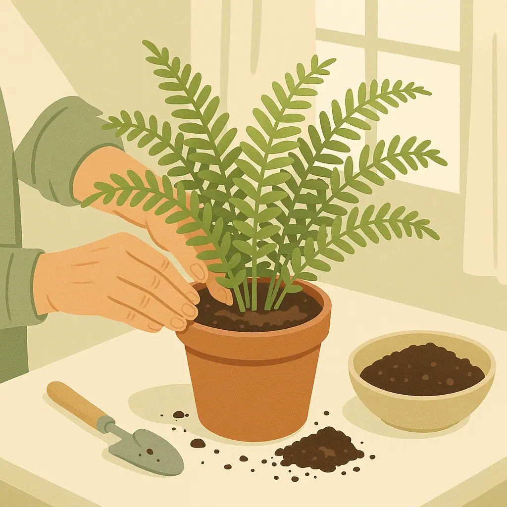 Hands gently refreshing the top layer of soil in a potted indoor fern