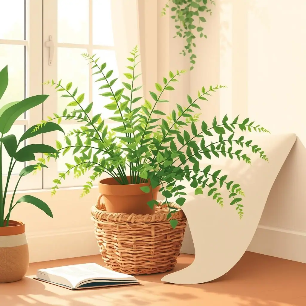 Indoor fern styled in a woven basket with a protected inner pot