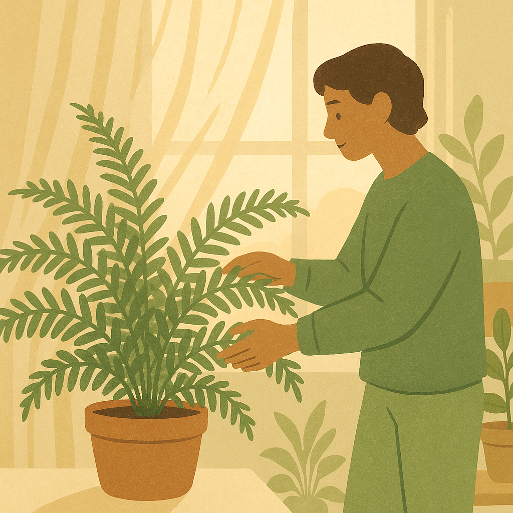 Indoor fern moved back from a bright window to avoid too much light and heat stress