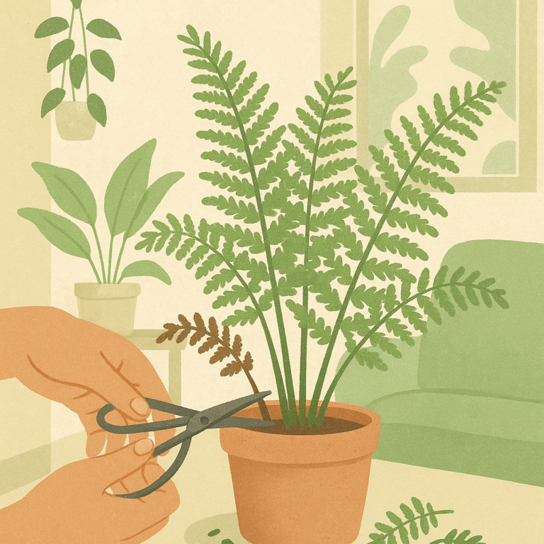 Gentle pruning of an indoor fern with clean scissors removing one brown frond