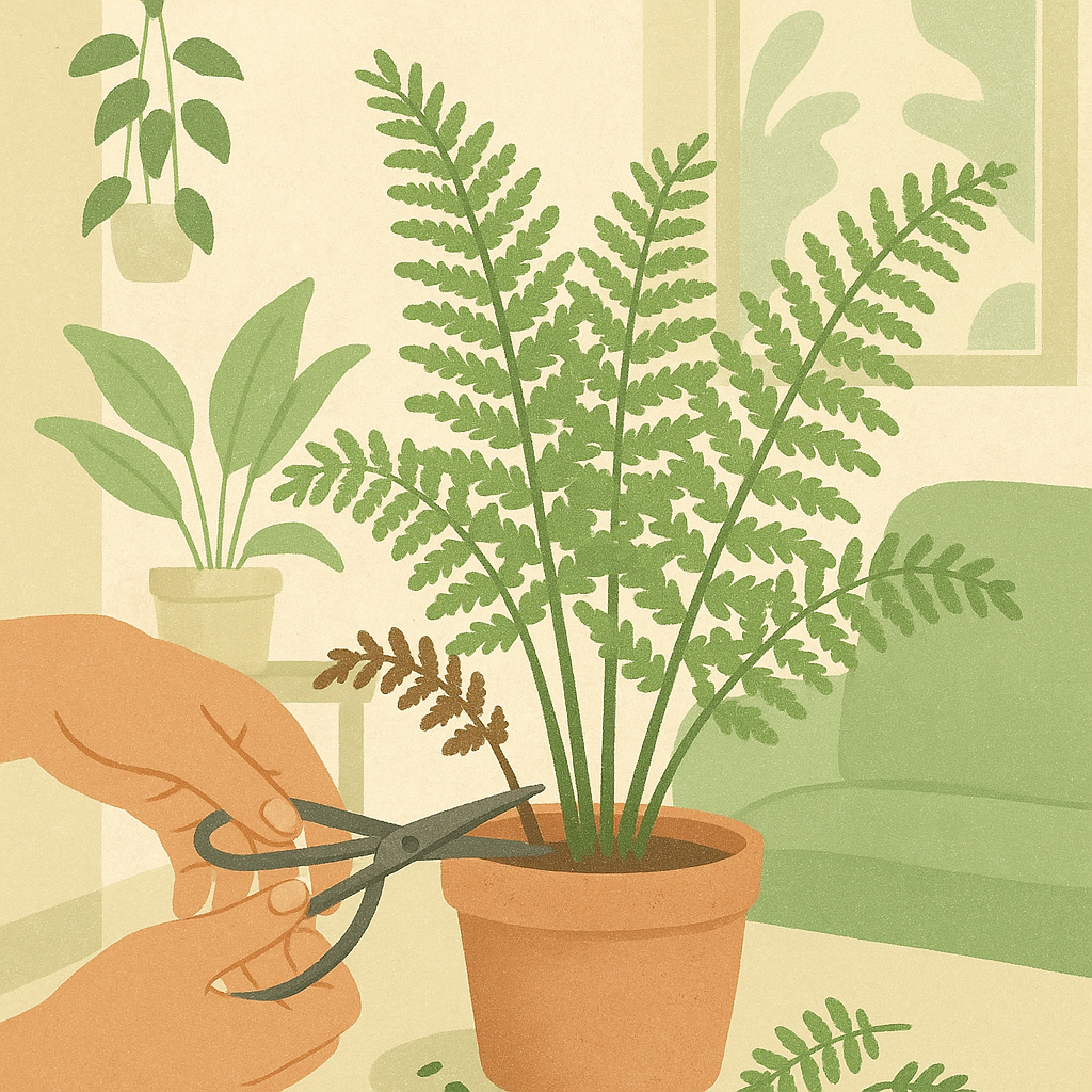 Gentle pruning of an indoor fern with clean scissors removing one brown frond