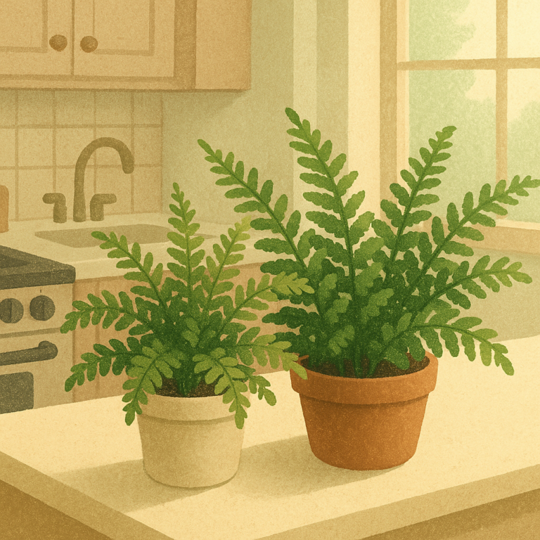 Kitchen ferns placed on a bright counter away from stove heat and grease
