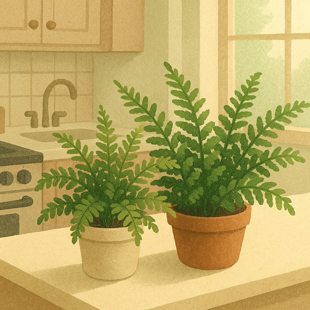 Kitchen ferns placed on a bright counter away from stove heat and grease