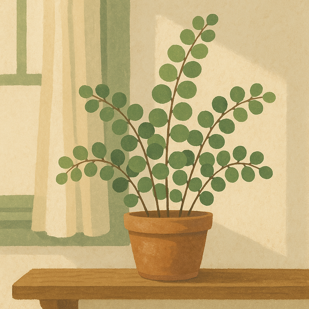 Compact button fern with rounded green leaflets on a small indoor shelf