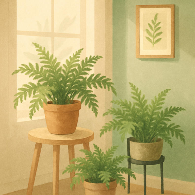 A calm indoor corner with several grouped ferns arranged by light and easy care access.