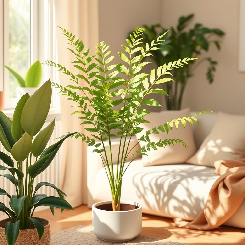 A healthy kangaroo paw fern in a cozy indoor room with soft natural light.