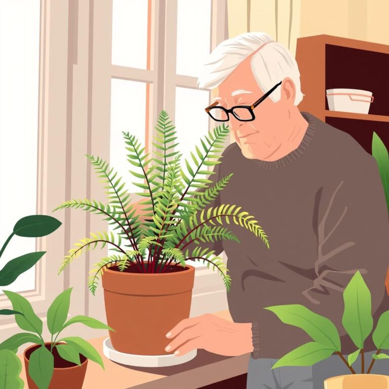 Person gently checking the soil and drainage of an indoor fern in a calm home setting