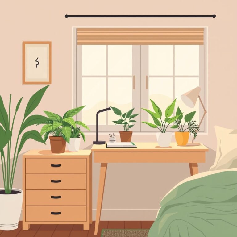 Small potted ferns displayed on a desk and nightstand in soft natural light