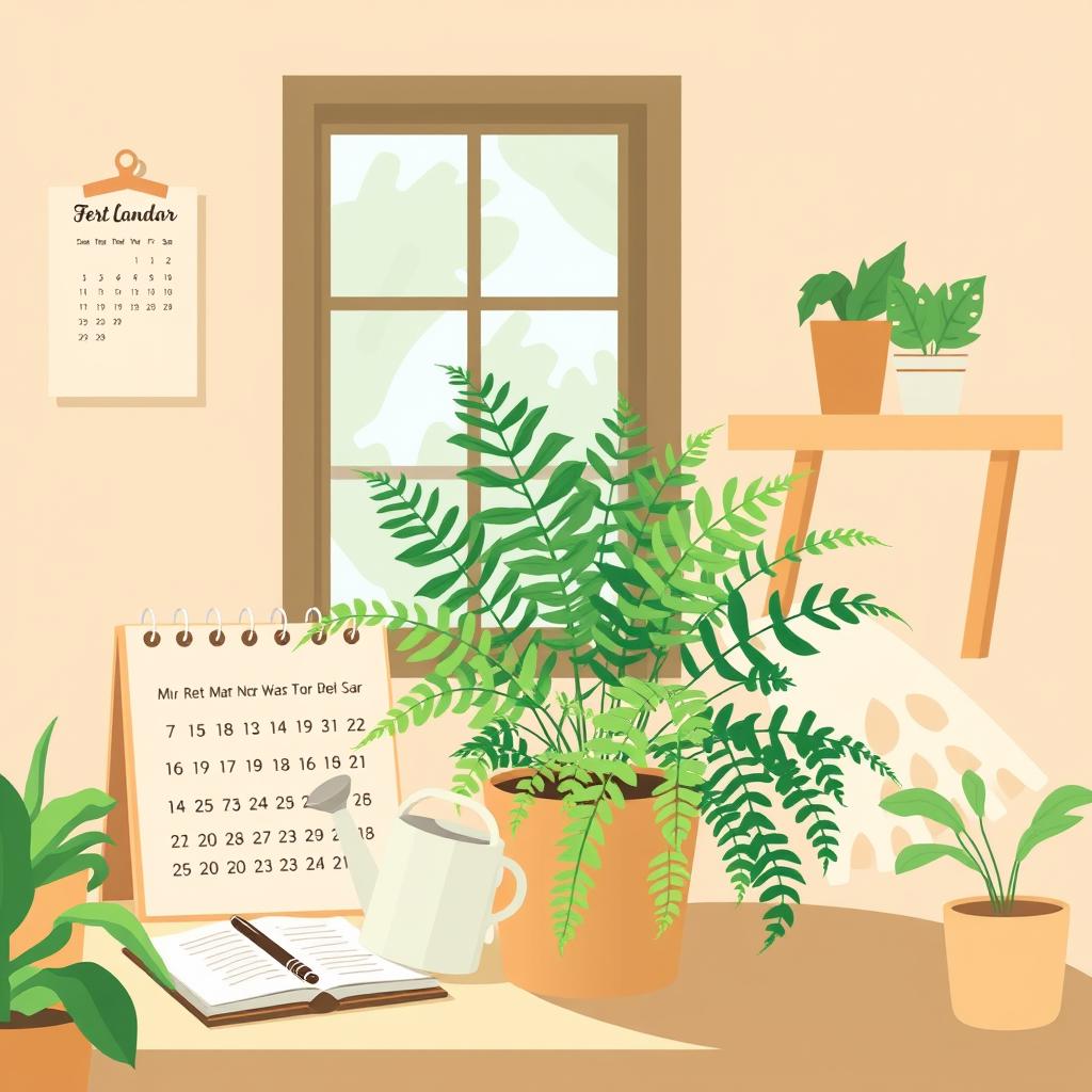 A cozy fern care setup with a potted fern, watering can, and simple calendar reminder