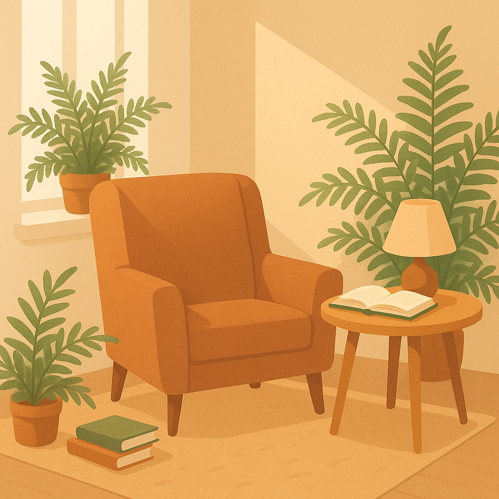 A cozy reading nook decorated with indoor ferns beside a chair and lamp