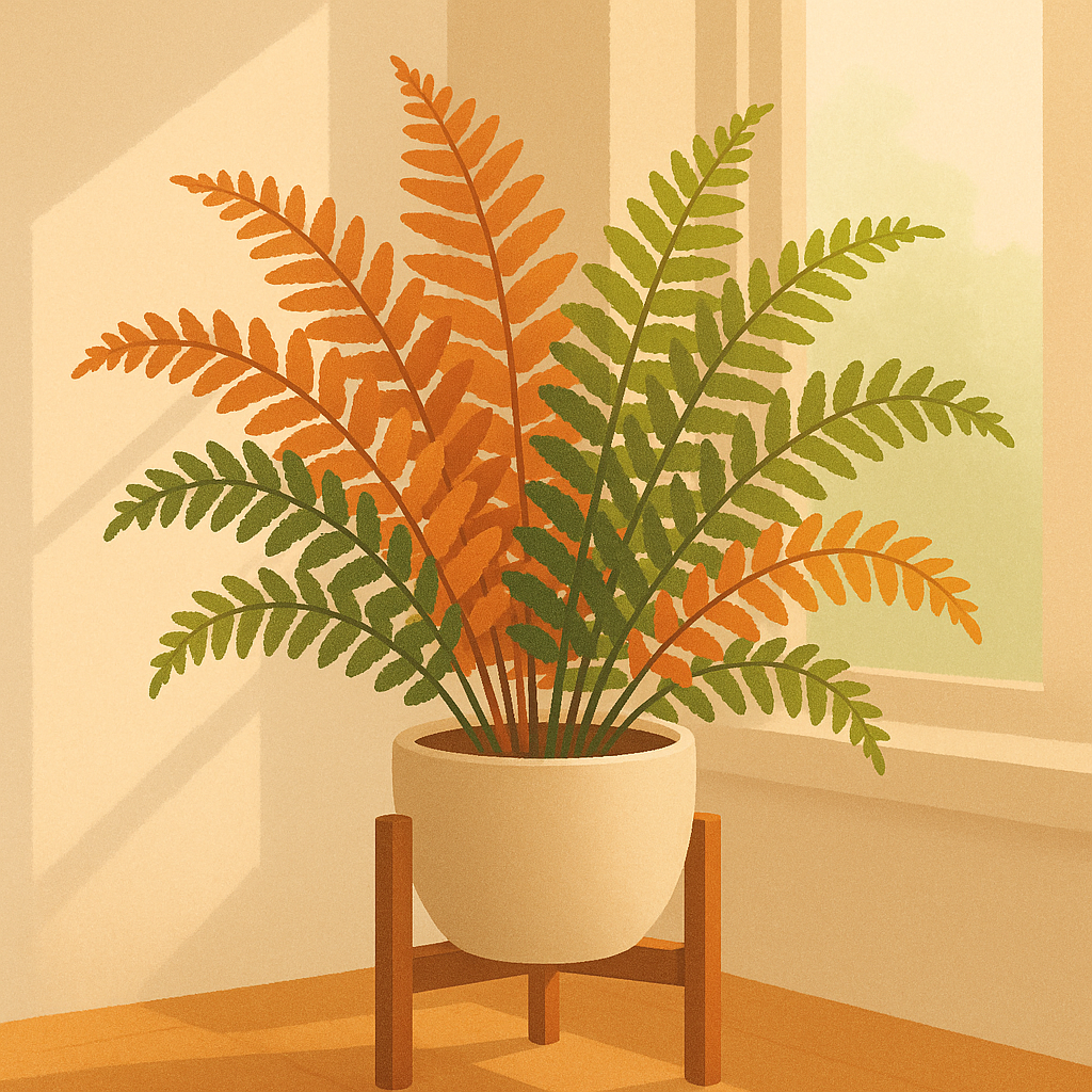 An autumn fern in a pot with copper and green fronds in soft indoor light