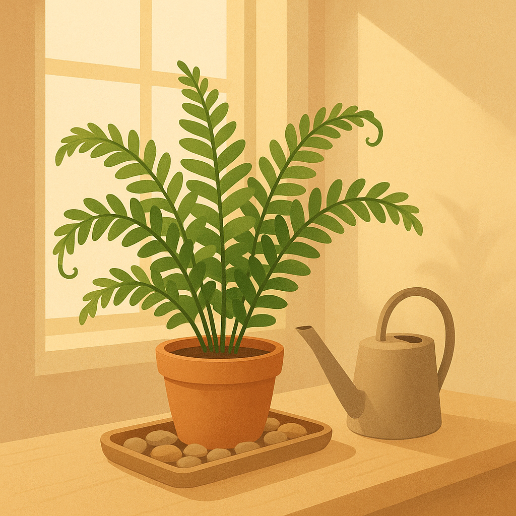 Indoor fern in soft light with a few curled fronds and simple care tools nearby