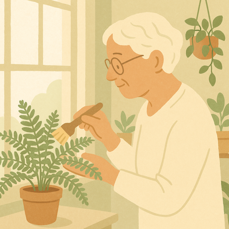 Person gently cleaning indoor fern fronds with a soft brush in a bright home setting