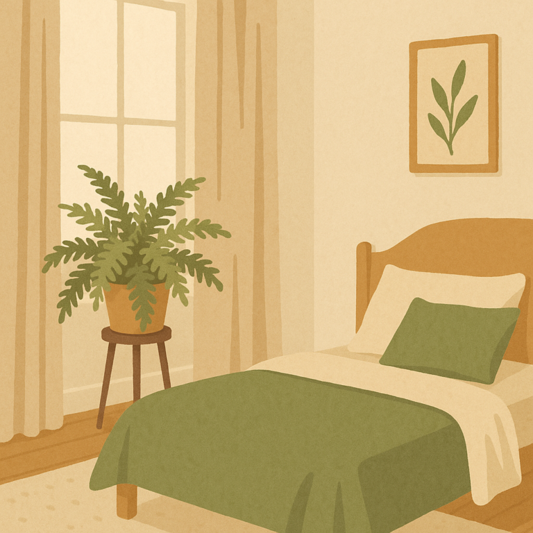 Indoor fern on a plant stand in a calm guest room with soft window light