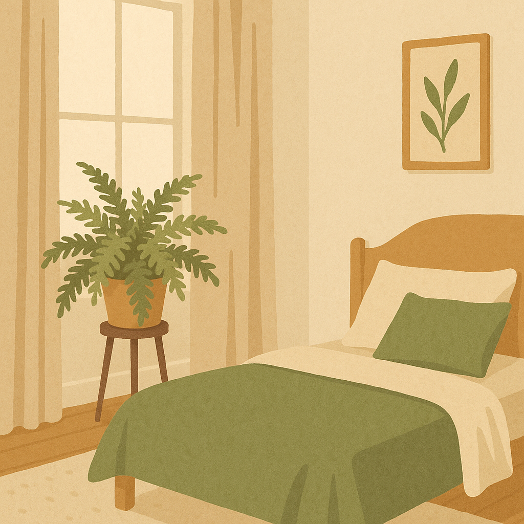 Indoor fern on a plant stand in a calm guest room with soft window light