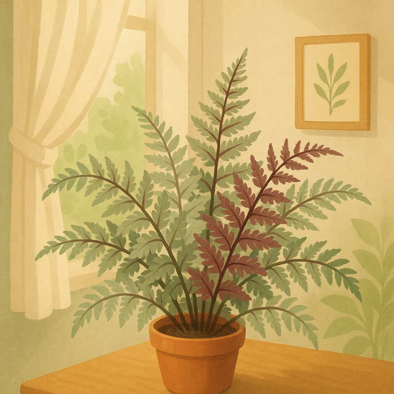 Japanese painted fern in a cozy indoor room near soft indirect window light