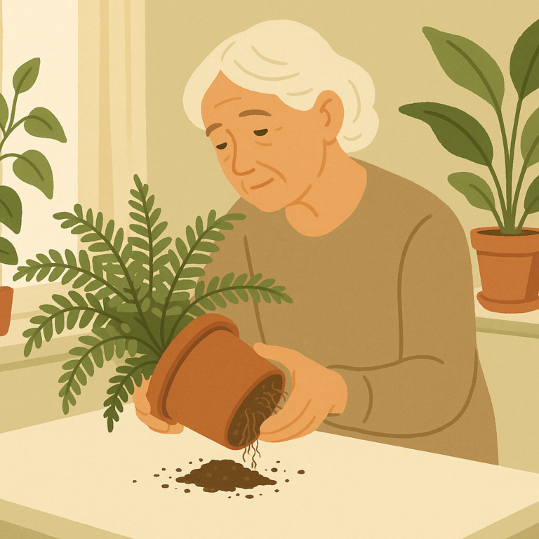 A calm indoor gardener gently checking the root ball of a potted fern