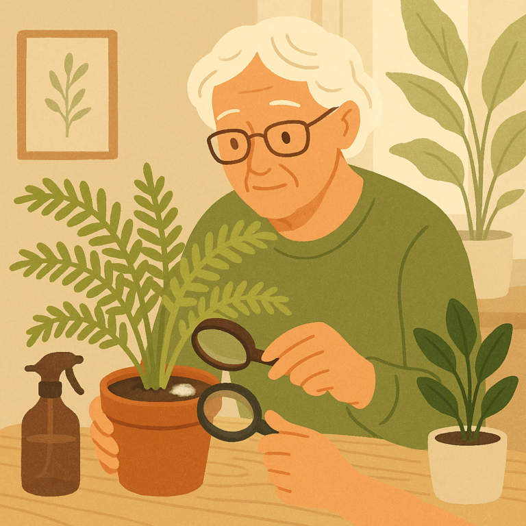 A calm indoor gardener inspecting white fuzz on the soil of a potted fern