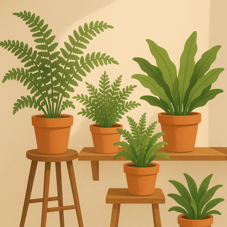Indoor ferns arranged in terracotta pots in a calm home plant corner