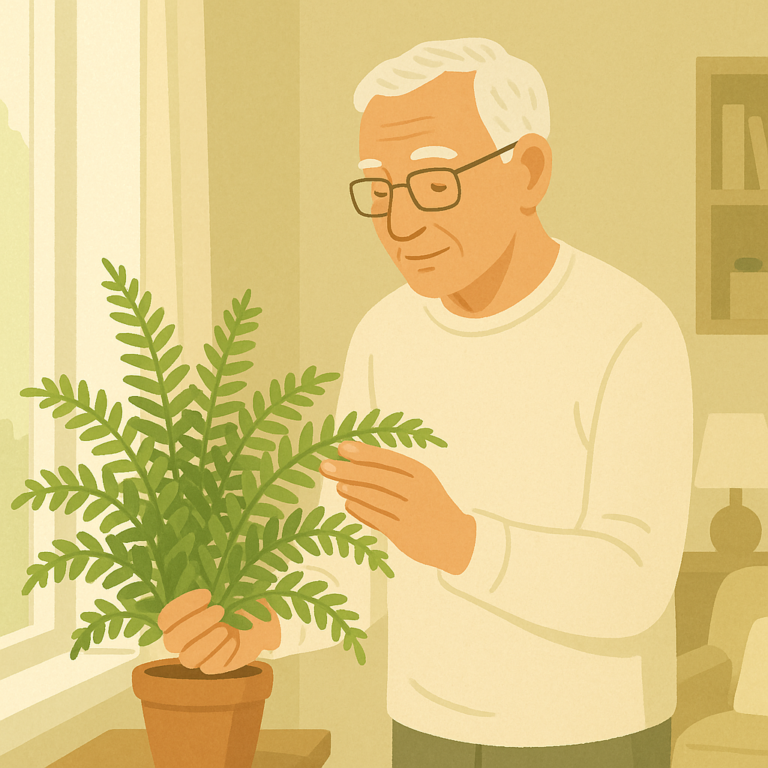 An indoor fern with one thinner side being checked gently near bright indirect light