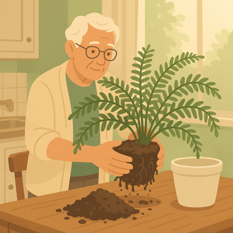 A mature indoor fern being repotted gently while keeping its familiar shape