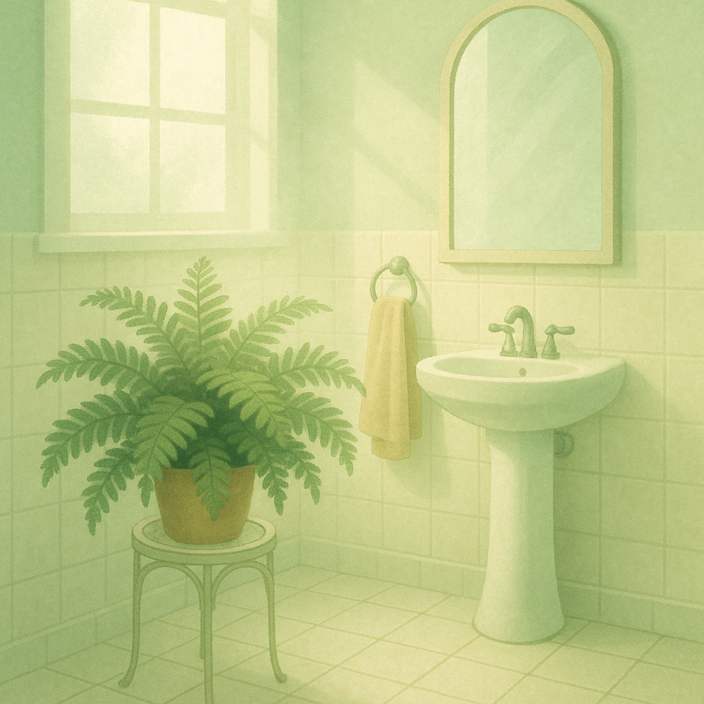A healthy indoor fern on a plant stand in a bright bathroom with soft indirect light