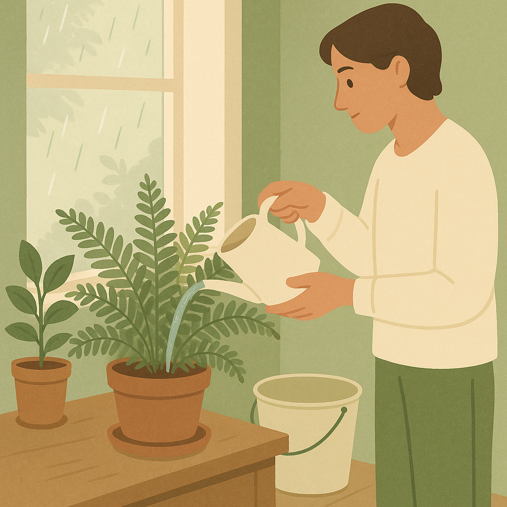 An indoor fern being watered with room-temperature rainwater from a simple pitcher