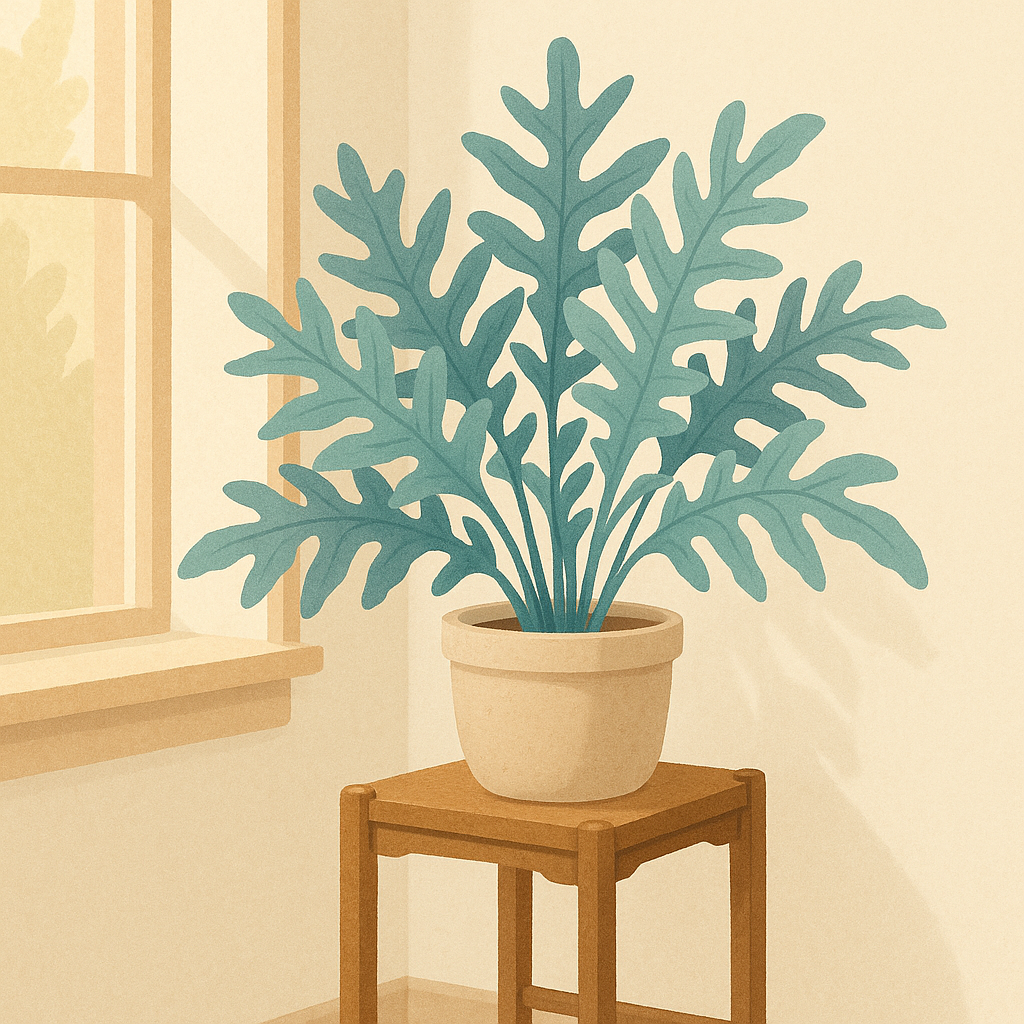 Blue star fern with soft blue-green fronds in a calm indoor room