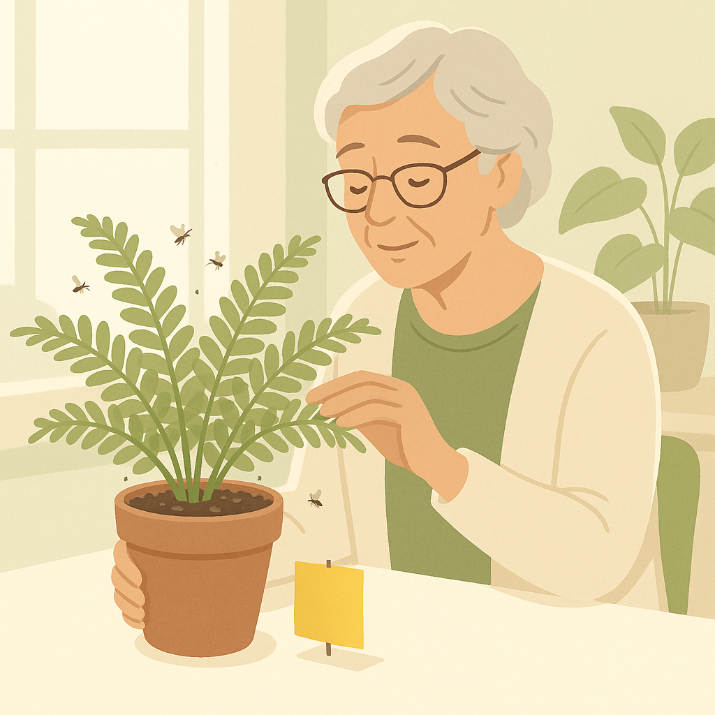 Indoor fern being checked for tiny black flies near the soil