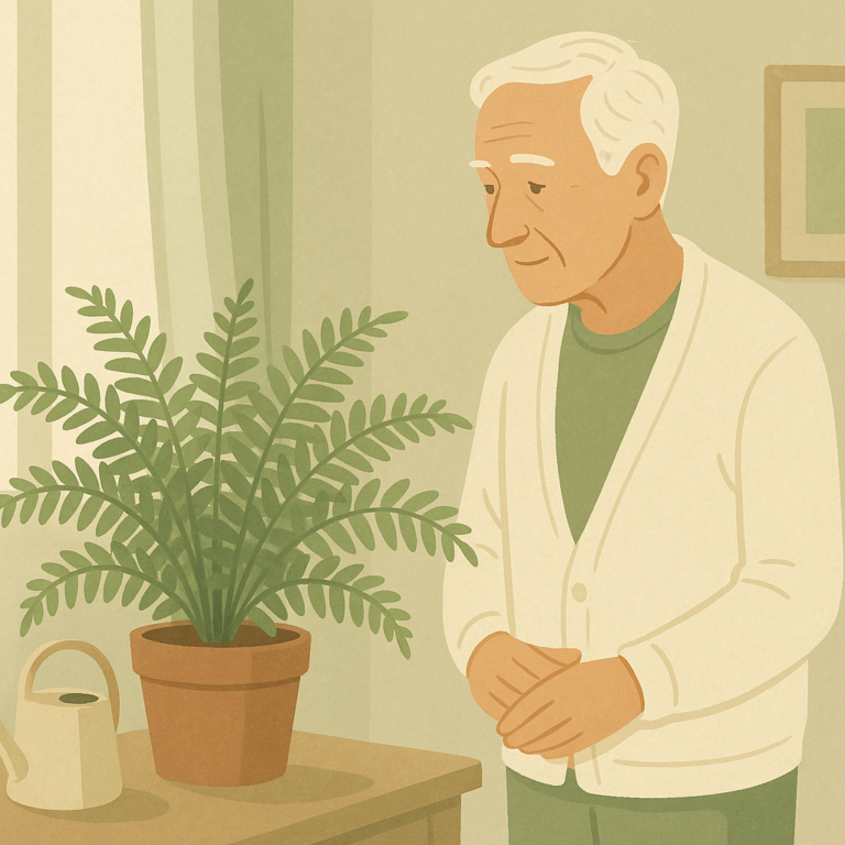 Indoor gardener calmly observing a healthy fern before changing care