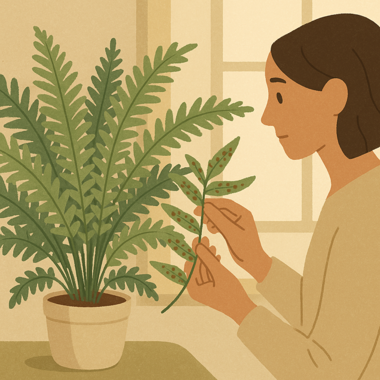 Indoor fern with a few brown spots being gently checked near soft window light