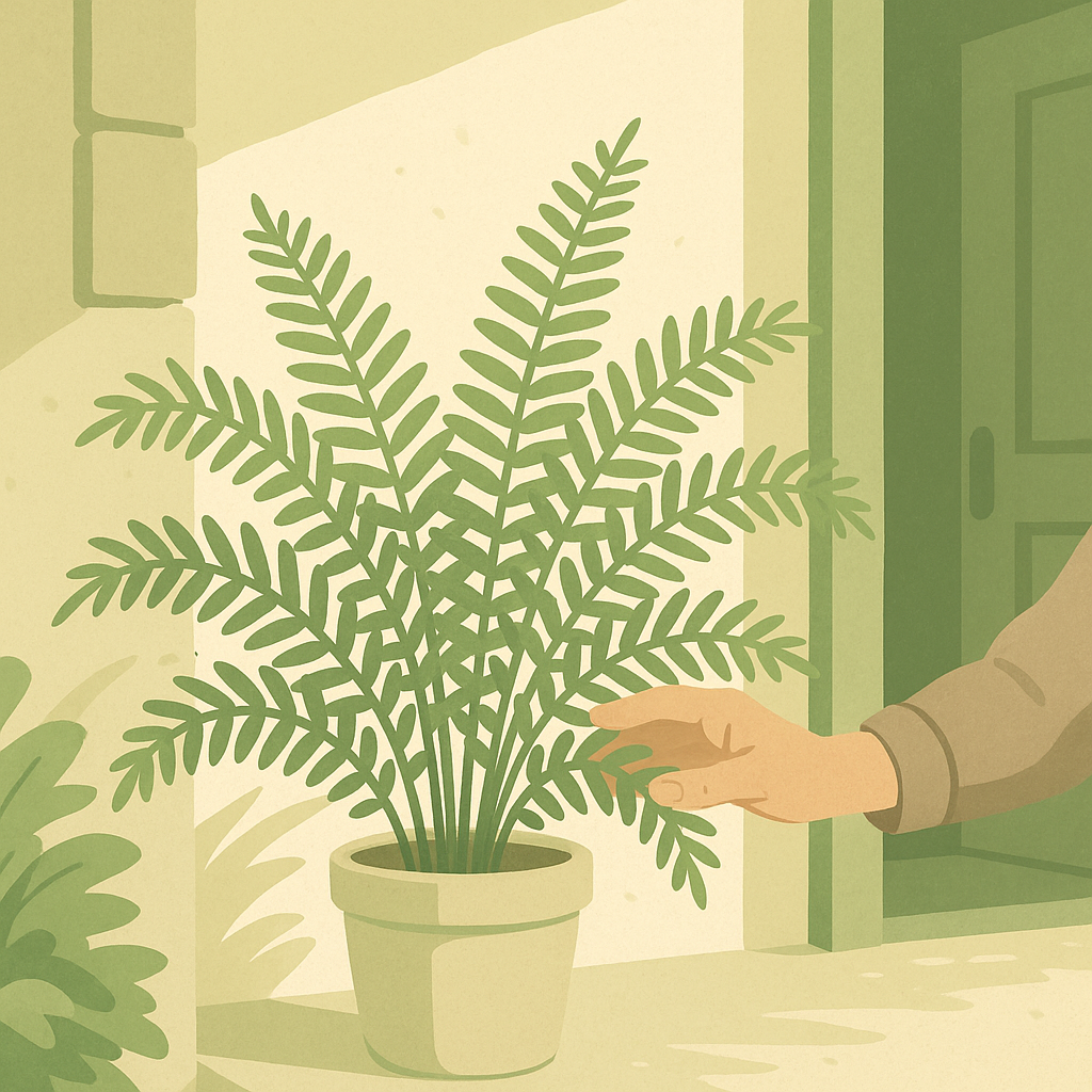 Indoor fern resting in shade on a protected porch before returning indoors