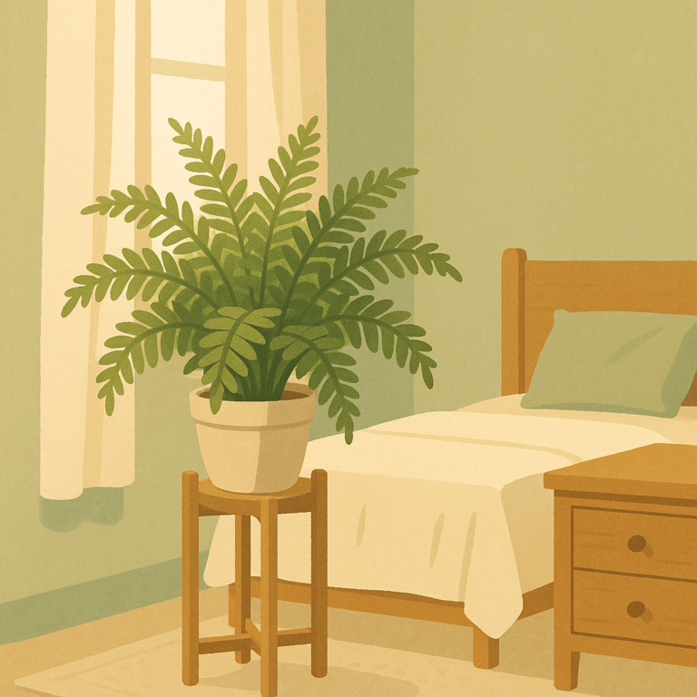 Healthy fern in a calm bedroom corner with soft indirect light