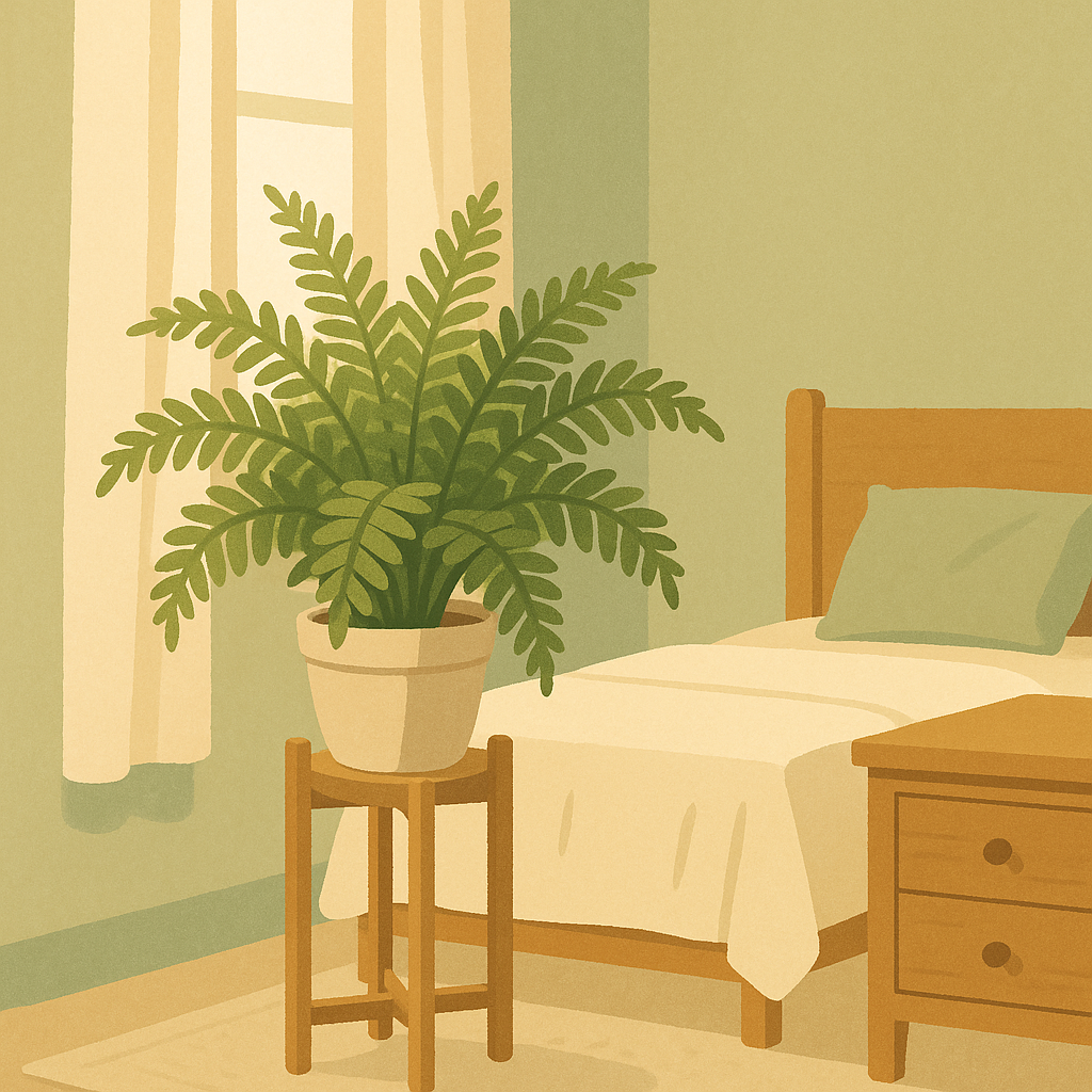 Healthy fern in a calm bedroom corner with soft indirect light