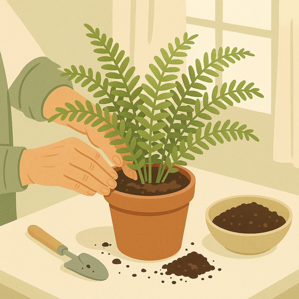 Hands gently refreshing the top layer of soil in a potted indoor fern