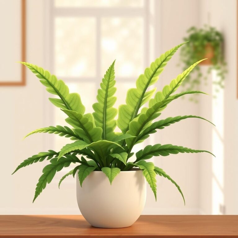 Crocodile fern with textured green fronds growing indoors in bright indirect light