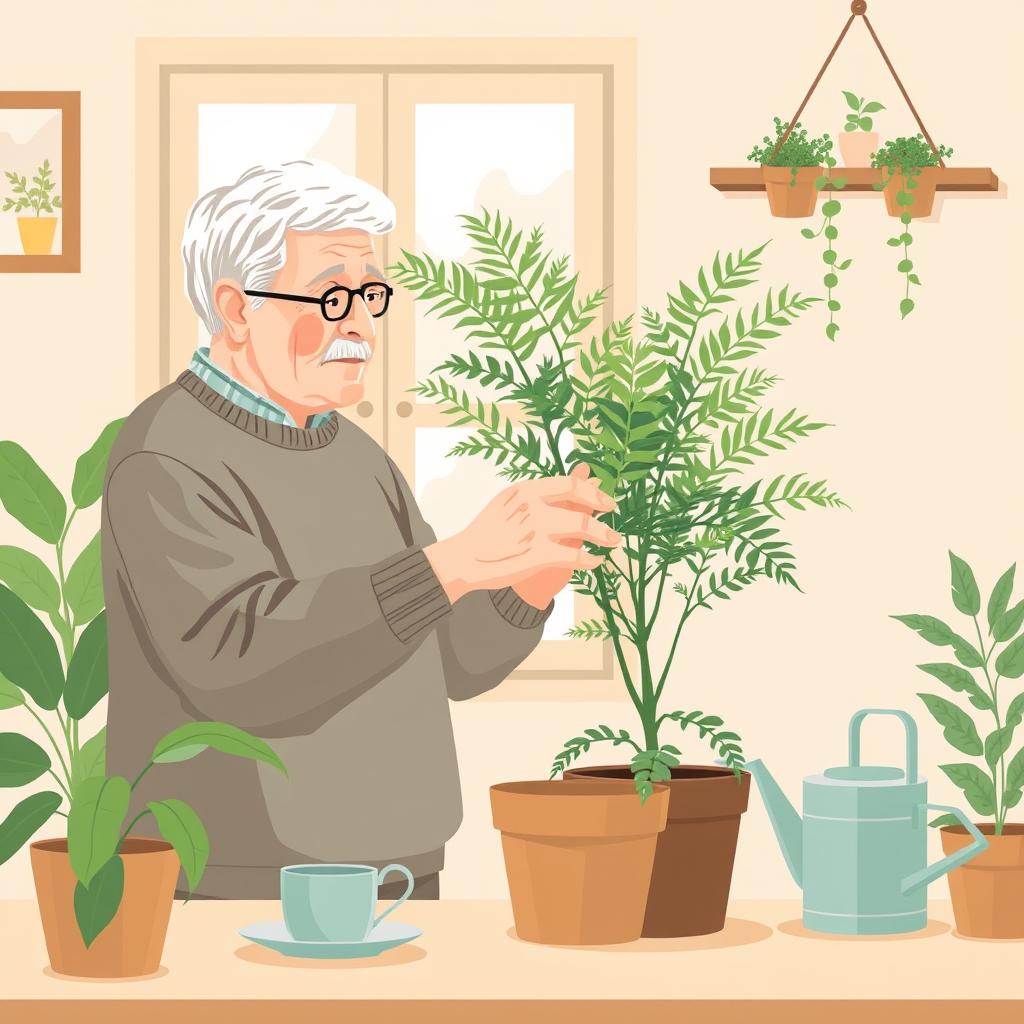 Person checking the weight of a damp indoor fern pot near a saucer and watering can